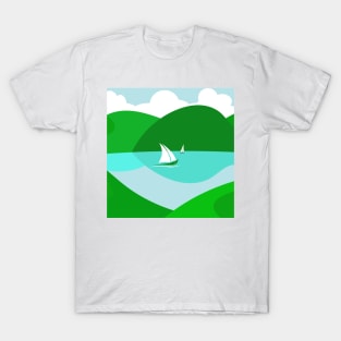 Hills Lake Sailing Boats Summer Day Landscape T-Shirt